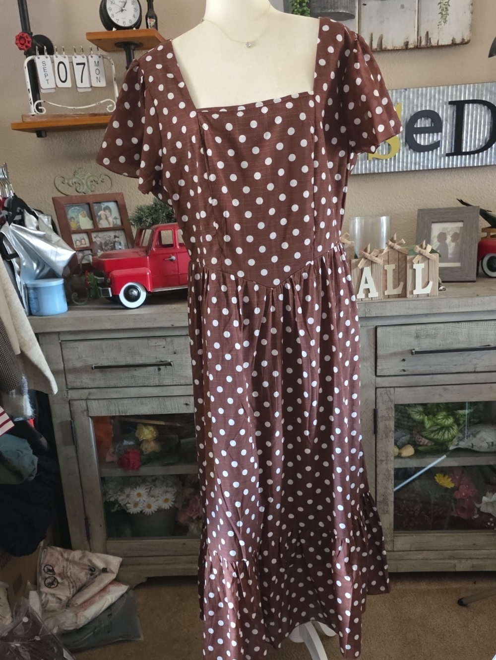 NWT Brown Polka Dot Maxi Dress with Square Neck